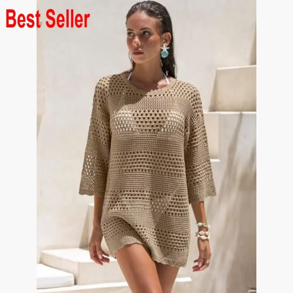 Crochet Mesh Knit Swimsuit Cover Up Mini Dress 3/4 Sleeve